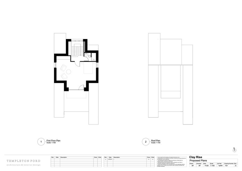 Floor plan and roof plan drawings showing first floor layout and roofline geometries