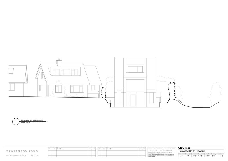 South elevation drawing showing the new structure beside existing neighboring houses with trees