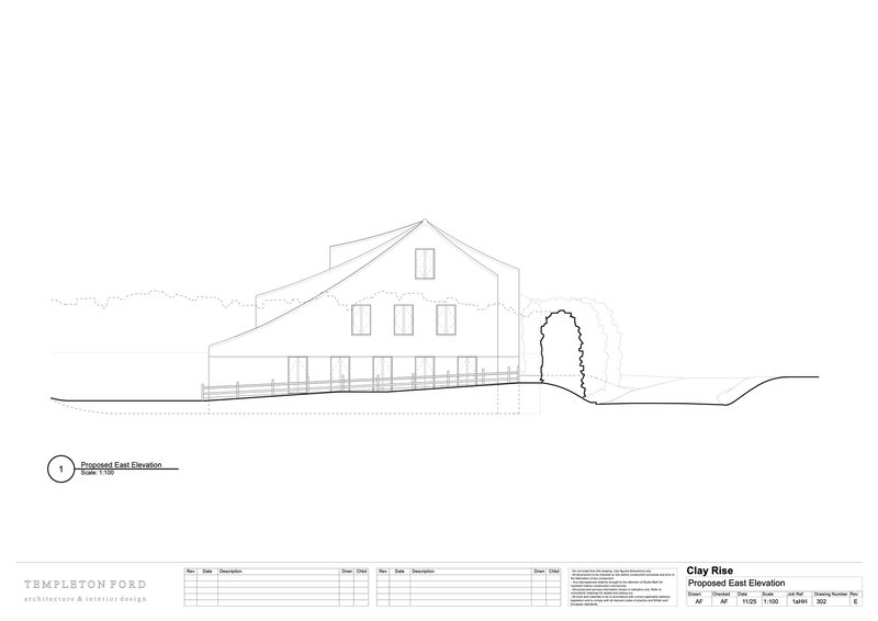East elevation drawing showing a gabled structure with rectangular windows and a single tree