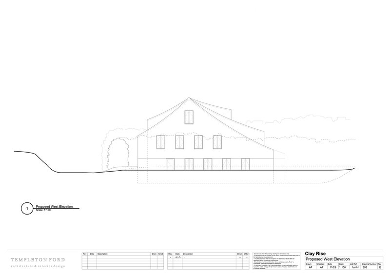 West elevation drawing depicting a gabled volume with symmetrical fenestration and sloping terrain