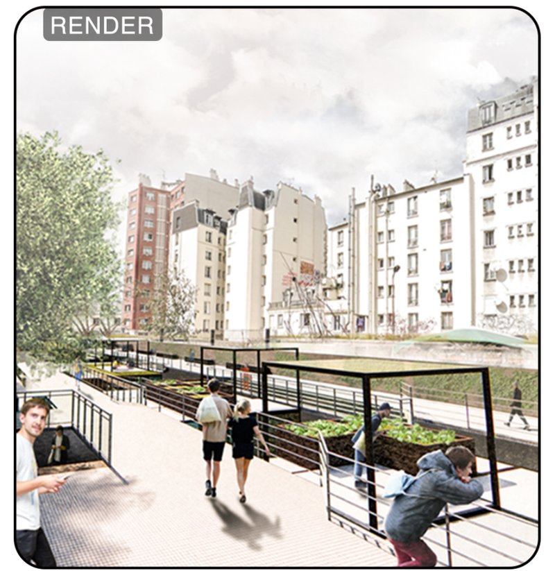 Linear public corridor reactivated with urban farming modules, pedestrian pathways, and interactive community spaces.