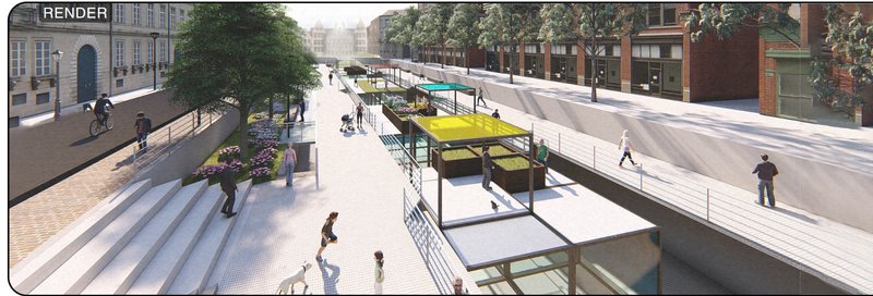 Sunken plaza and elevated walkway system creating multi-level engagement along the reused railway spine.
