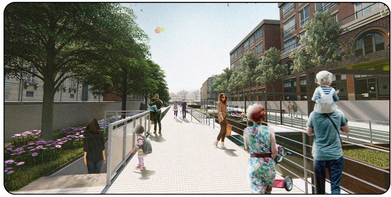 Human-scale experience of the revitalized corridor, integrating greenery, movement, and everyday social interaction.