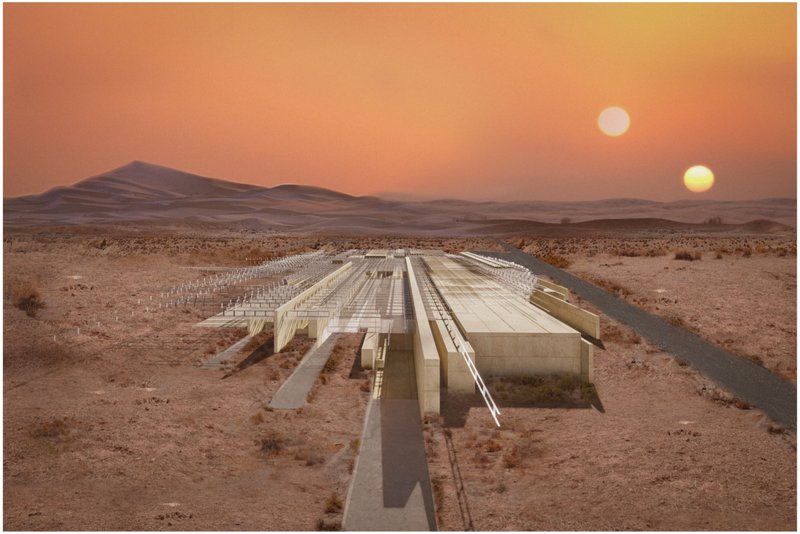 Monumental yet subtle form dissolving into the vast desert horizon