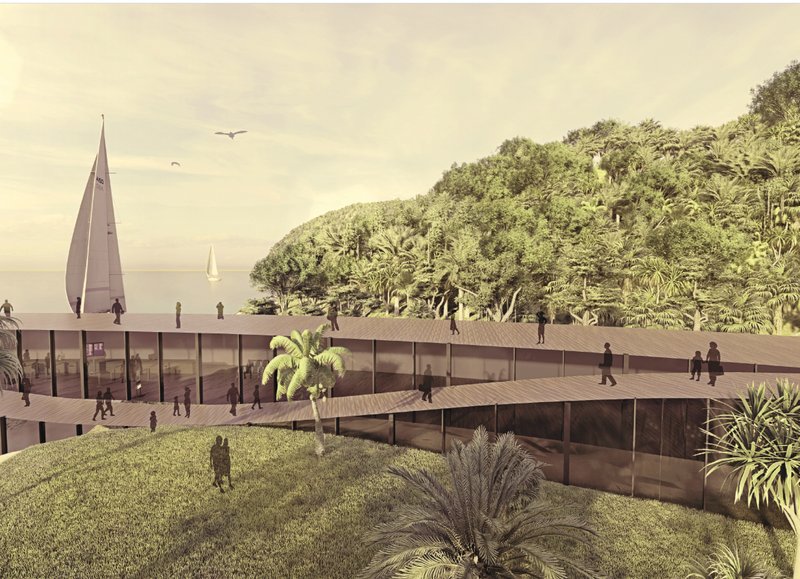 Layered circular pathways create a seamless passenger experience within a nature-integrated airport environment.