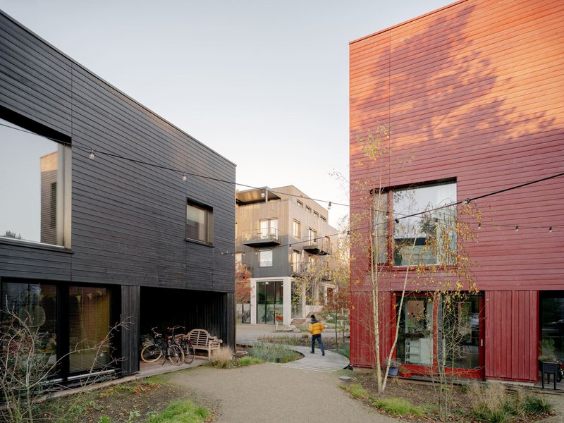 Courtyard path between black and pink ribbed facades with a person walking and young trees