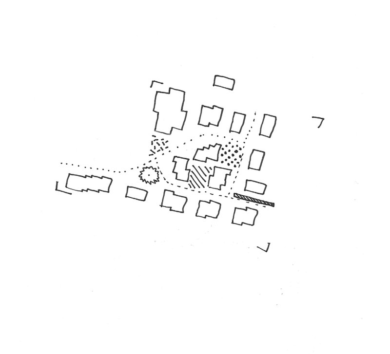 Site plan sketch showing cluster of buildings around a central common area with scattered vegetation