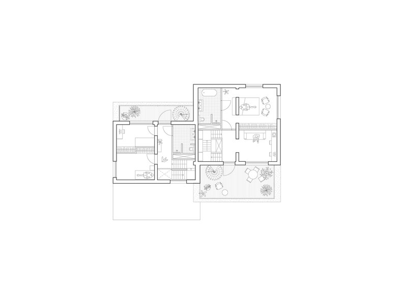 Floor plan drawing showing a residential level with central staircase and terrace with potted plants
