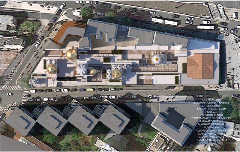 Masterplan overlay revealing linear adaptive reuse strategy and program distribution across the site