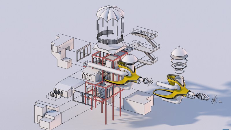 Exploded axonometric illustrating modular construction, layered systems, and flexible spatial assembly