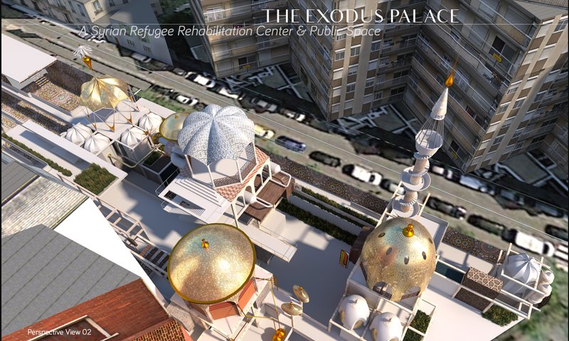 Aerial perspective highlighting cultural nodes, domes, and vertical markers within the linear public spine