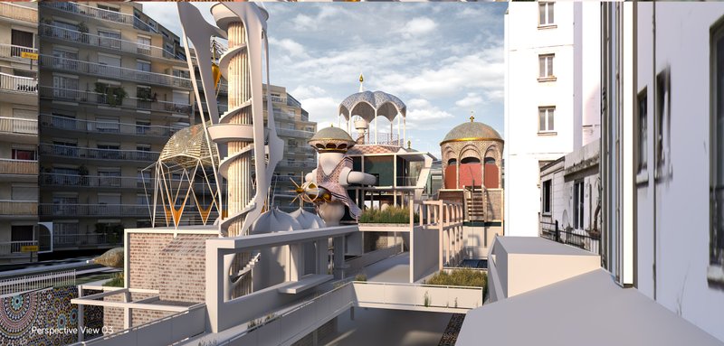 Circulation view showcasing elevated walkways and multi-level connectivity across the intervention