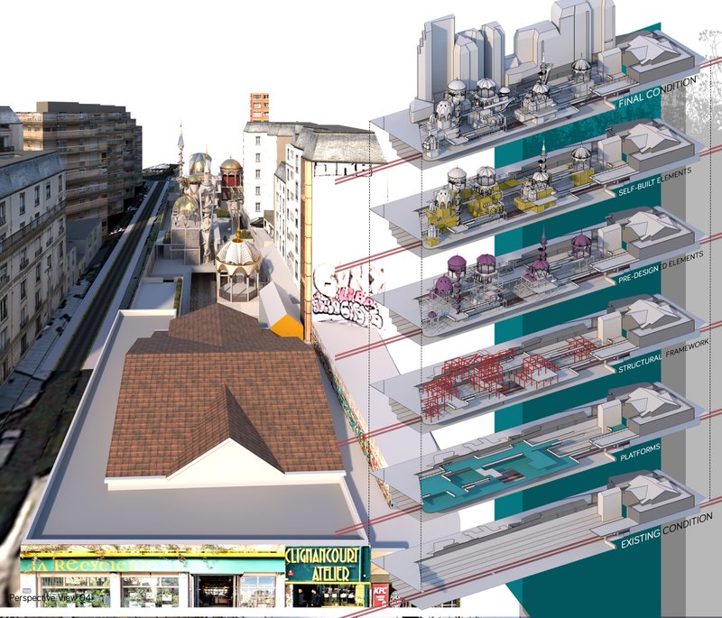 Phased diagram demonstrating transformation from existing condition to adaptive reuse framework