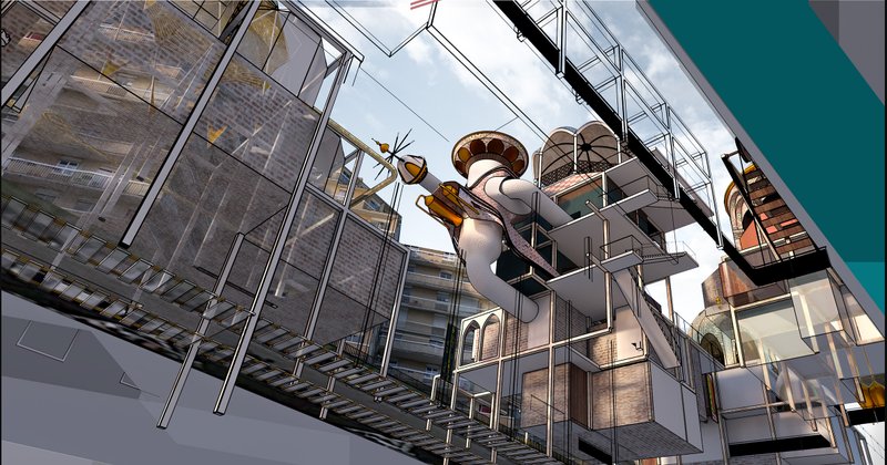 Ground-up perspective emphasizing structural layering, transparency, and dynamic public engagement zones