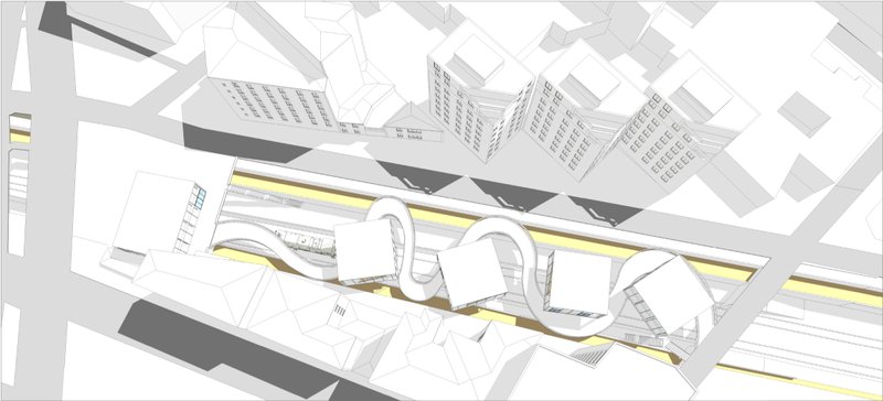 Aerial view of the sinuous bridge form integrating layered public functions along the railway corridor.