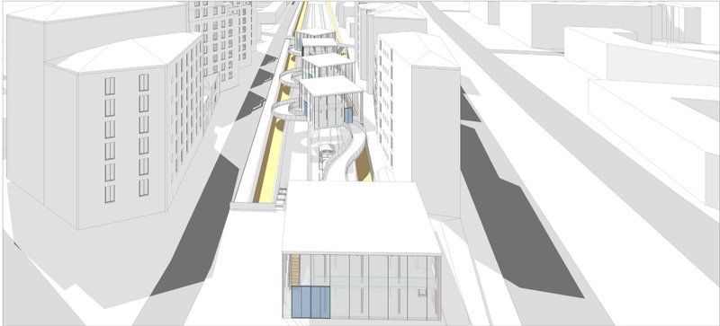 Linear urban void transformed into a dynamic pedestrian spine with elevated glass volumes.