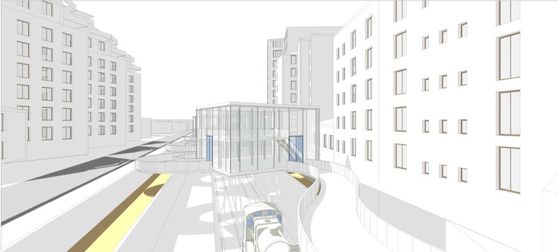 Human-scale perspective highlighting transparency, circulation, and interaction above the tracks.