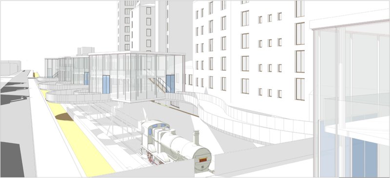 Historic train integrated beneath the structure, connecting memory with contemporary public space.