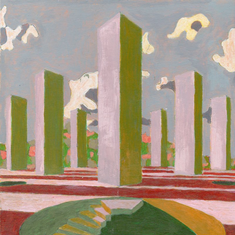 Painted rendering showing alternating green and pink vertical columns arranged across a red paved plaza under cloudy skies