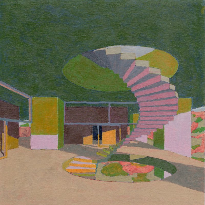 Painted rendering of a curving red staircase beneath a green dome with glazed openings and planted beds below
