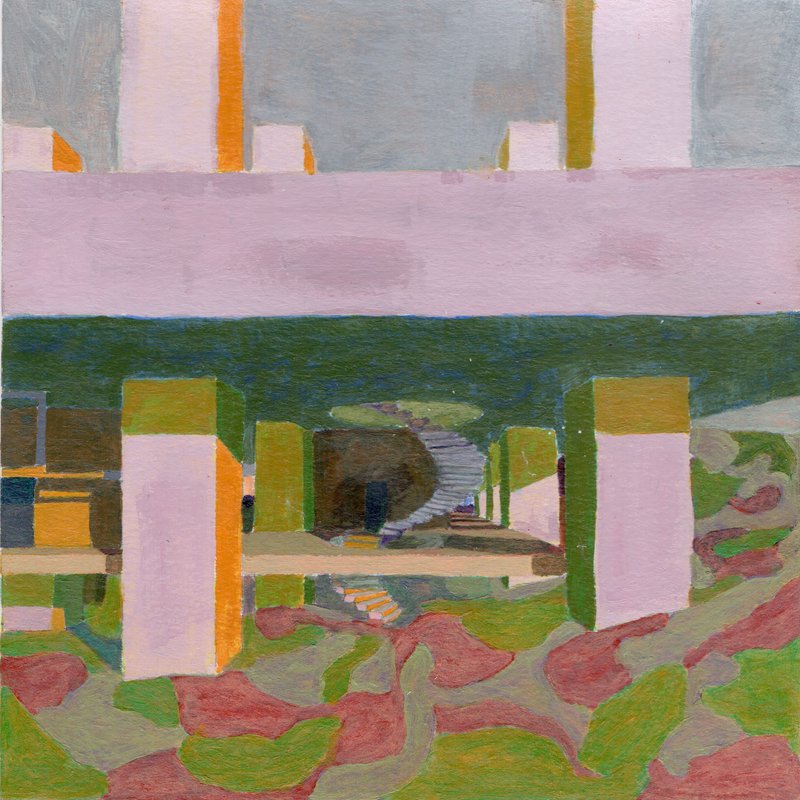 Painted rendering showing a view through pink and orange columns toward a central staircase and planted landscape beyond