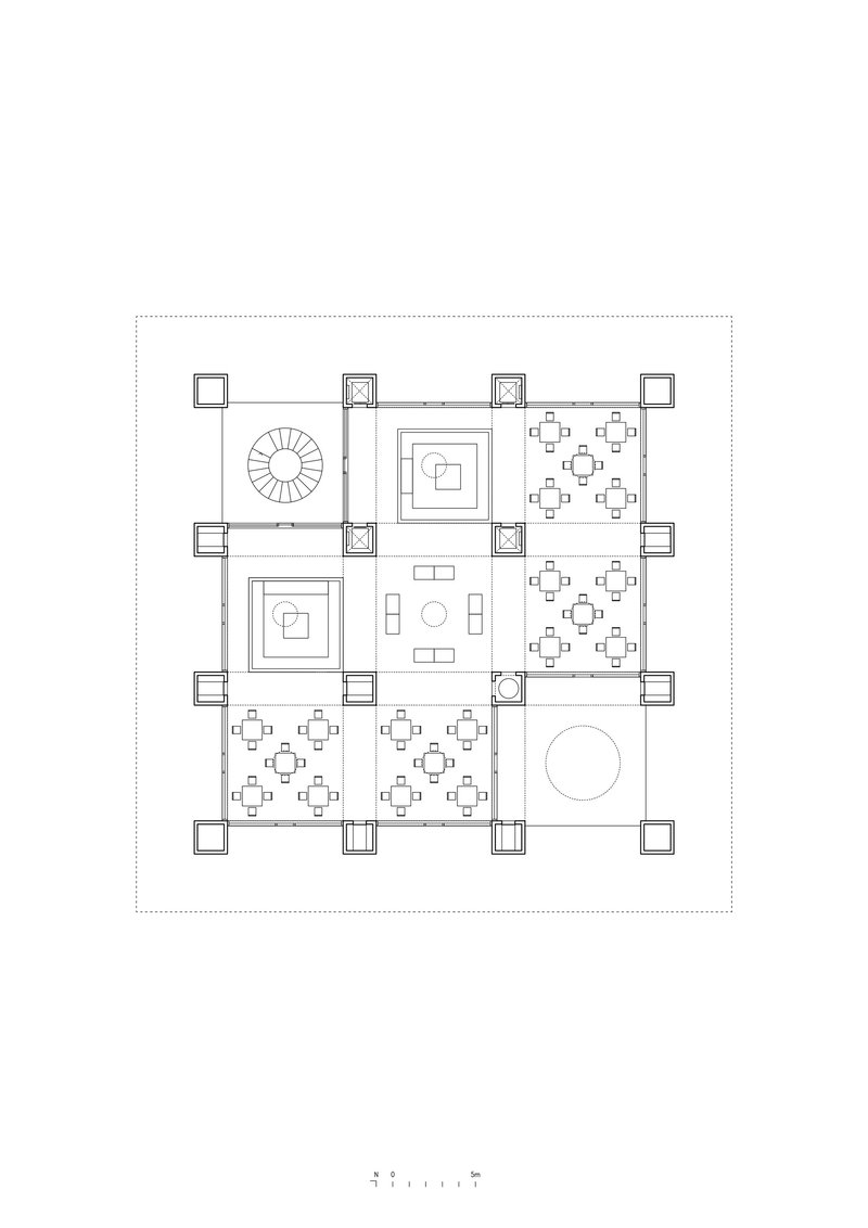 Floor plan drawing showing dining areas with clustered tables around central courtyards and a staircase