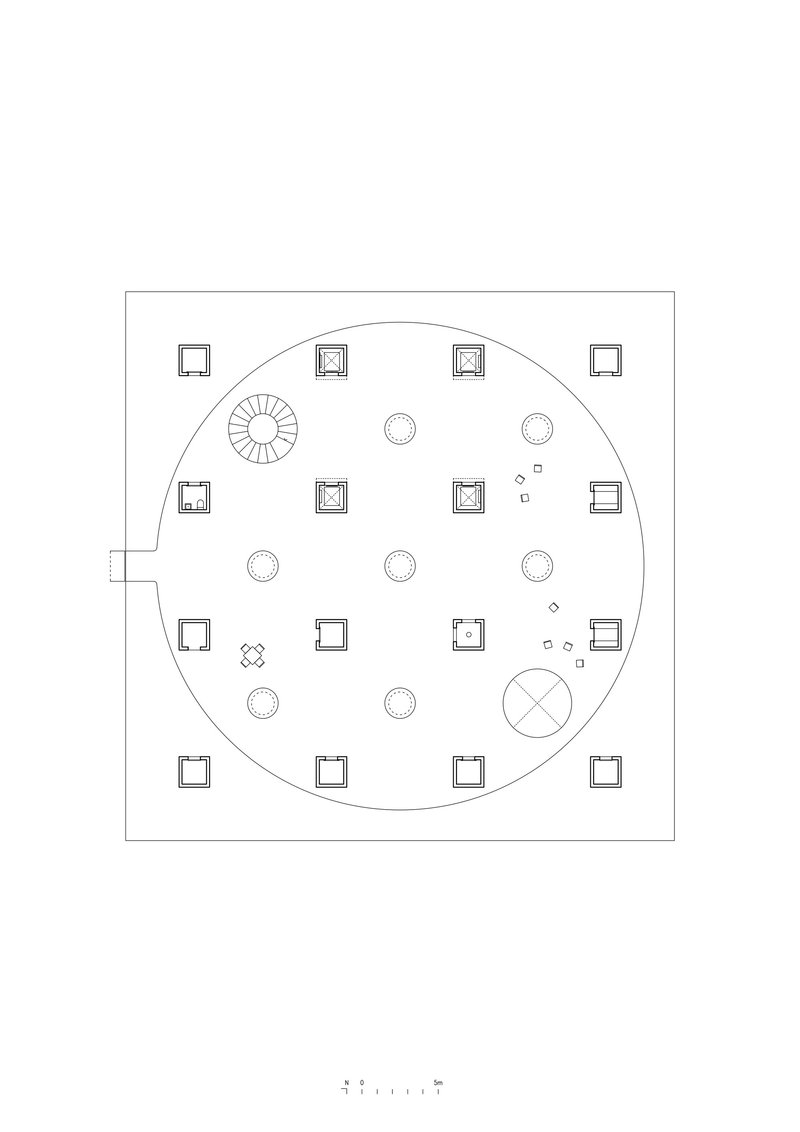 Floor plan drawing showing a circular room with perimeter columns and scattered circular openings