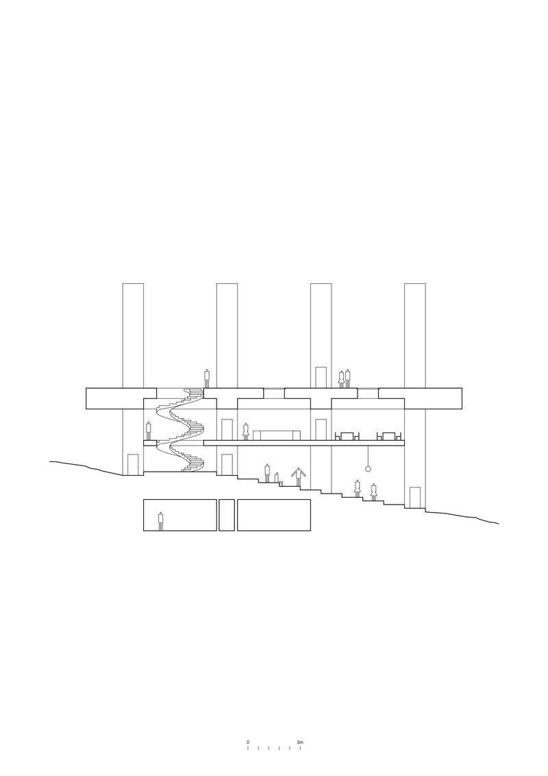 Section drawing showing a spiraling stair connecting multiple levels beneath a flat roof with vertical columns