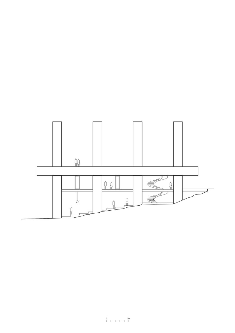 Section drawing showing interior circulation with curved stairs between glass-enclosed volumes and vertical structural elements