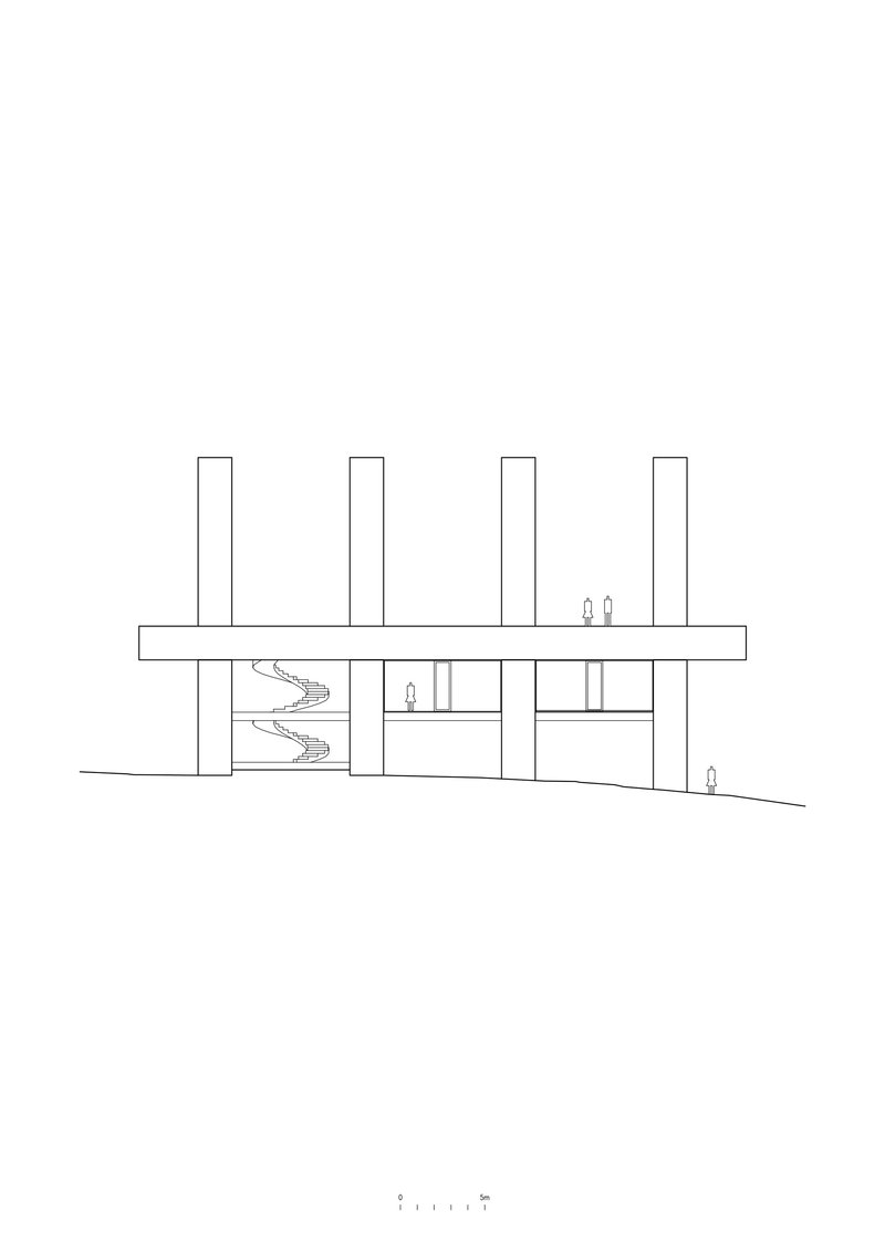 Elevation drawing depicting a flat-roofed structure with vertical columns and a double-height curved staircase within