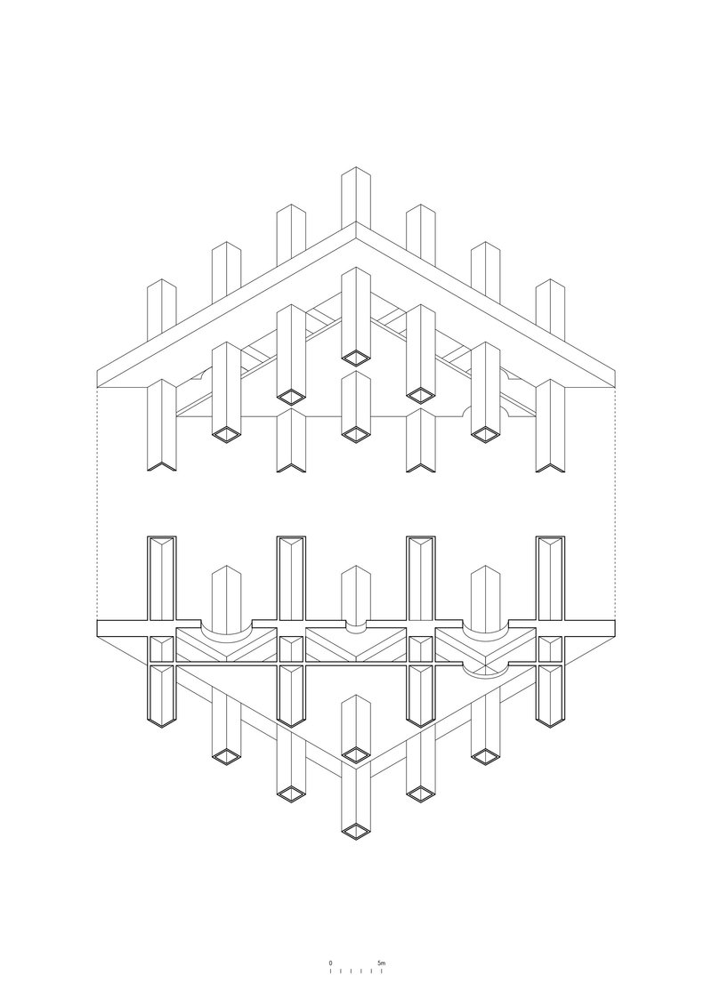Axonometric drawing showing the structural framework with vertical columns penetrating a horizontal slab and roof plane