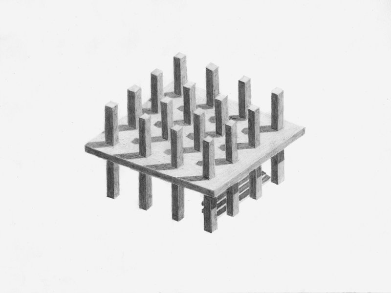 Isometric view of the column grid and platform structure from a lower angle