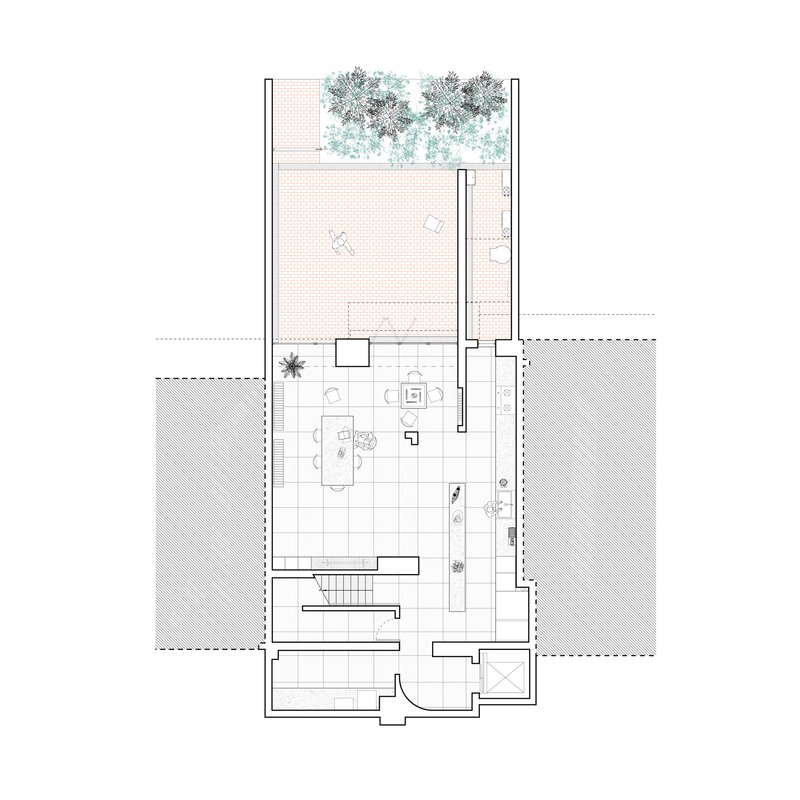 Floor plan drawing showing open living space with staircase, courtyard terrace, and two planted trees above