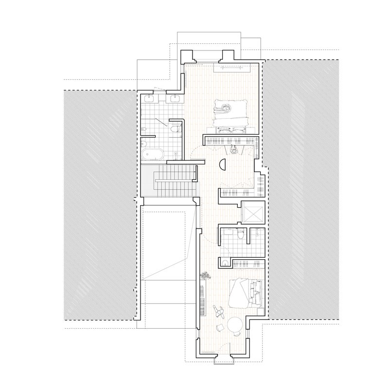 Upper floor plan drawing showing bedrooms, bathrooms, stairwell, and rooftop terrace with sliding door access