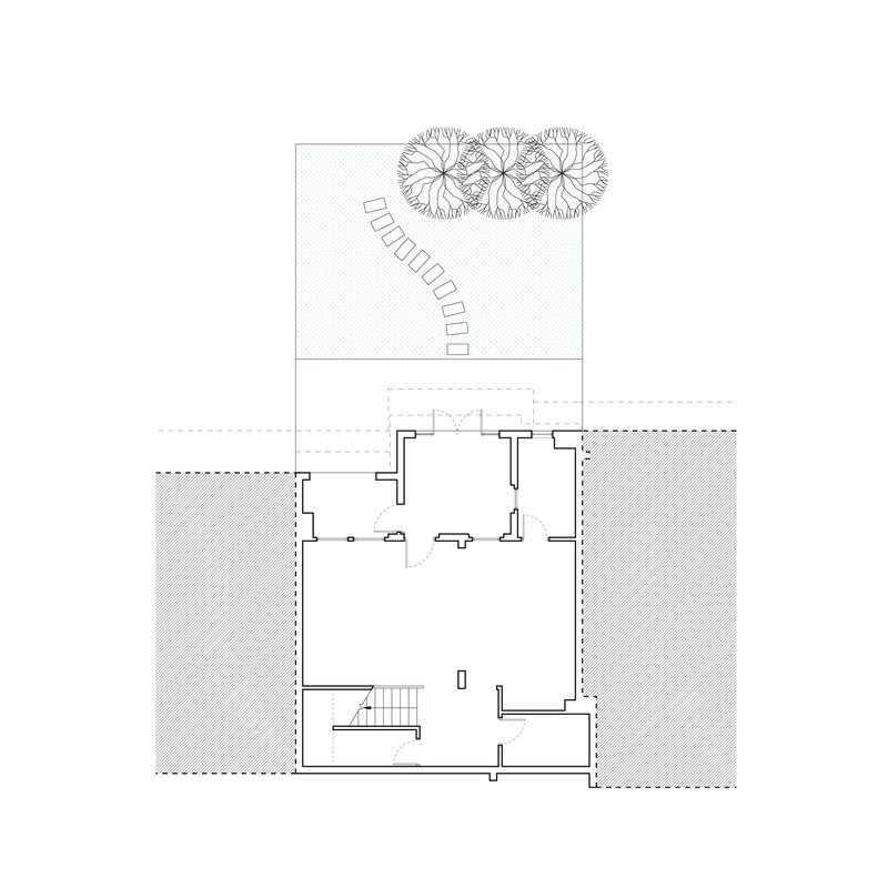 Basement floor plan drawing with staircase, open rooms, stepping path, and three trees at courtyard edge