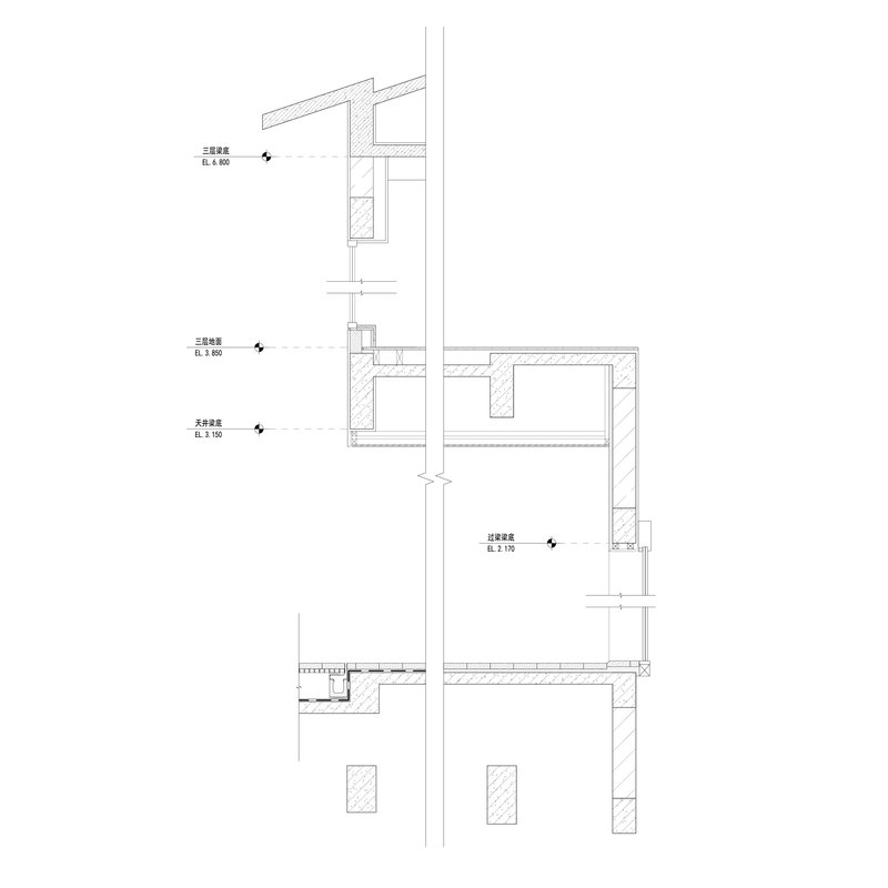 Wall section drawing showing floor levels with labeled elevation markers and window openings
