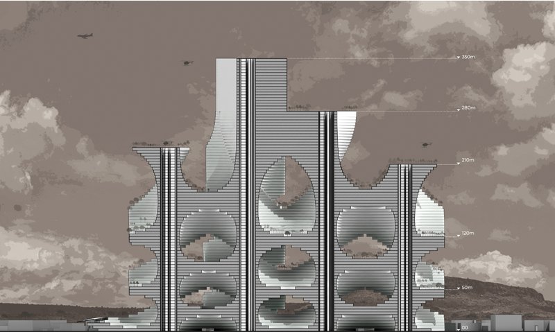 A sectional vision of vertical neighborhood architecture shaping dense, future-ready cities.