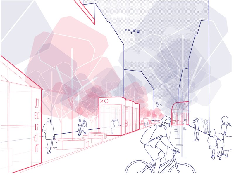 Human-scale mobility redefines the street, where cycling and walking replace vehicular dominance.