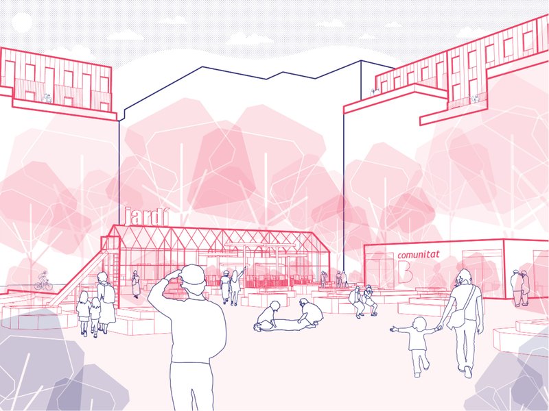 Courtyard becomes a collective landscape, merging play, ecology, and community interaction.