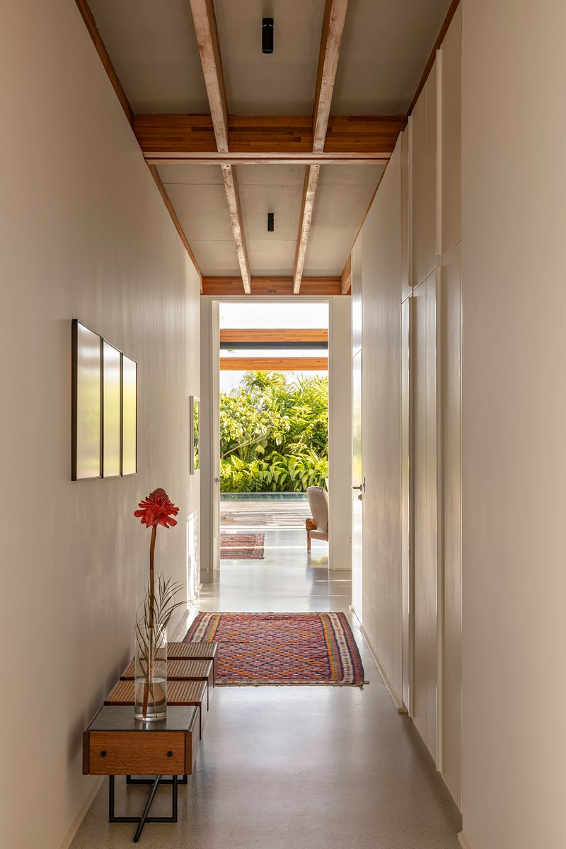 Hallway with timber and white panel ceiling leading to a terrace with tropical foliage beyond