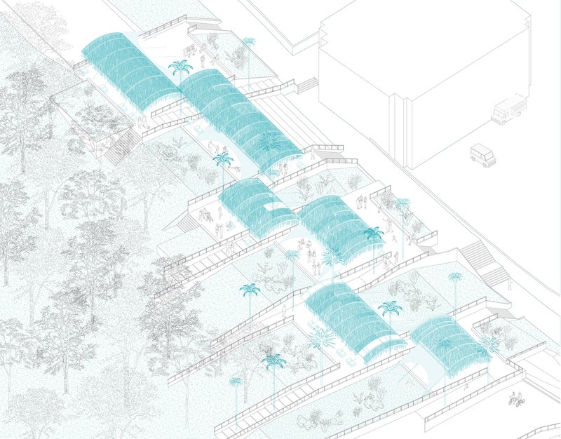 Axonometric drawing showing curved barrel vault roofs over interconnected pavilions with palm trees and landscaping