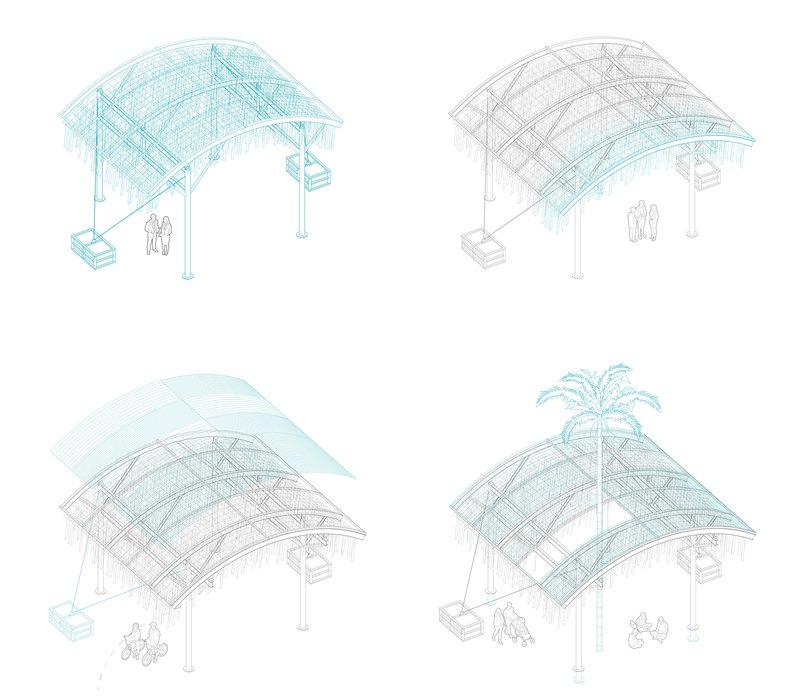Isometric drawing showing four variations of the curved canopy structure with exposed structural grid and figures below