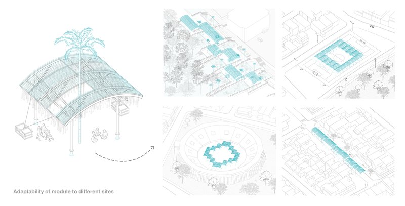 Site plan diagrams illustrating the modular pavilion adapted to different urban and landscape configurations