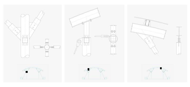 Technical drawings showing column assembly and joint details in plan and elevation views