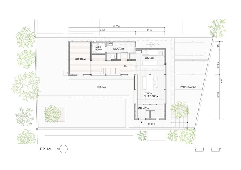 First floor plan drawing showing the layout with terrace, living areas, bedroom, and parking zone