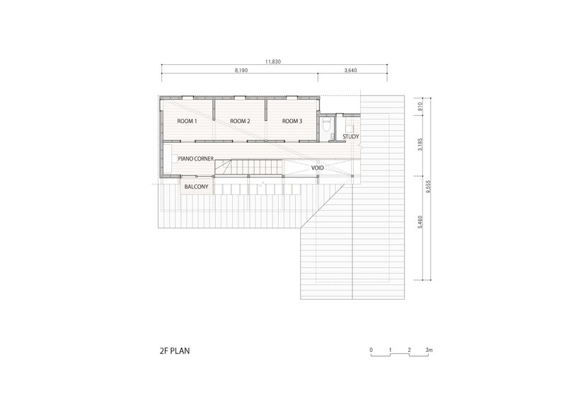 Second floor plan drawing showing three rooms, study, balcony, and central void with staircase