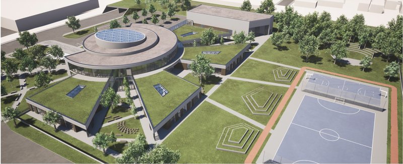 Aerial view of radial school design integrating green roofs, central skylight, and adaptive learning architecture in Toronto.