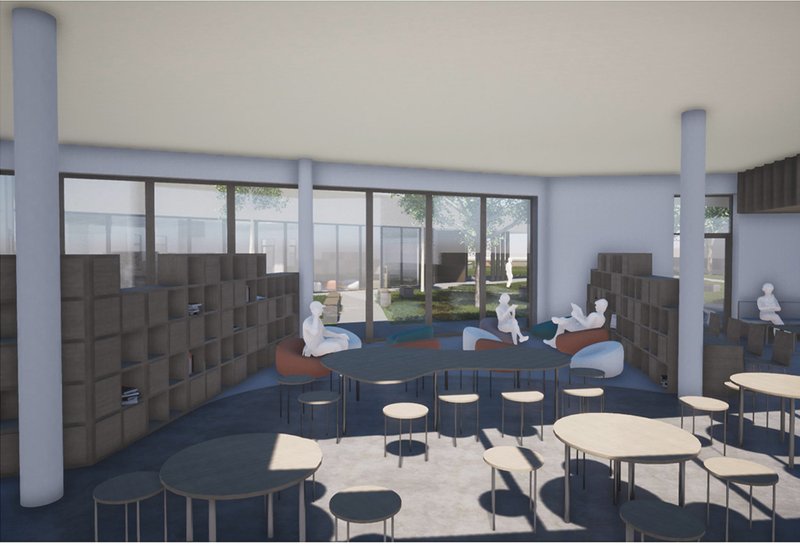 Flexible learning studio interior designed for collaborative education, informal seating, and student-centered learning environments.