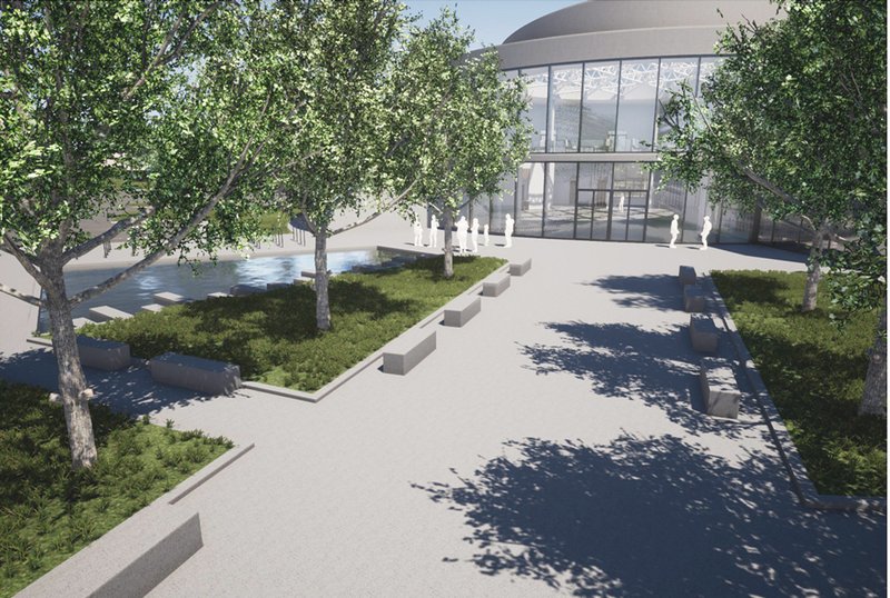 Public plaza and entrance landscape connecting community and school through open, accessible educational architecture.