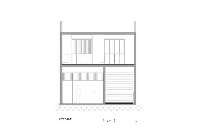 Building section showing a two-story interior with vertical slat screens and clerestory glazing